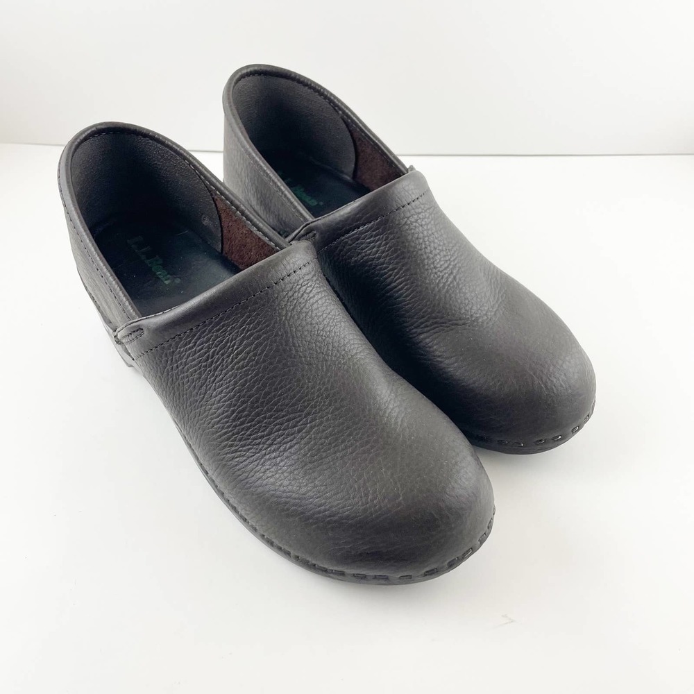 LL Bean Women's Brown Leather Slip On Comfort Classic Clogs Shoes Sz 9